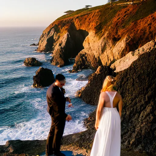 Prompt: sunset elopement at big sur. couple in wedding attire standing on a rocky cliff.