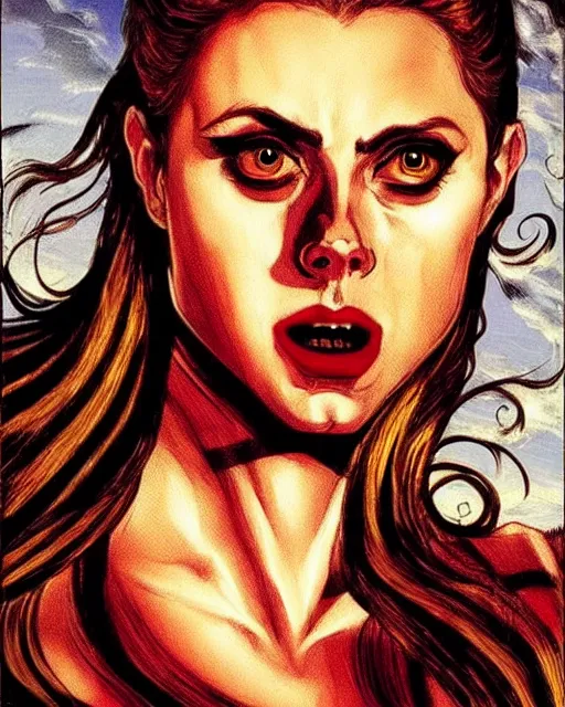 Image similar to rafeal albuquerque comic art, tintoretto : : gorgeous vampire amy adams : : sharp teeth, open mouth sneer : : symmetrical face, symmetrical eyes : : gorgeous red hair : : magic lighting, low spacial lighting : :