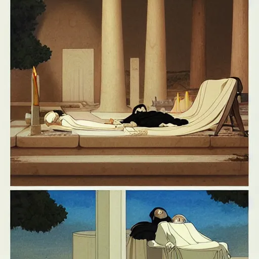 Prompt: Greek archi, a colab between studio ghibli and paul delaroche