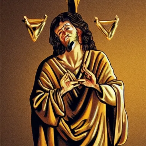 Image similar to jesus as a gangsta, golden chains, golden teeth, making a v with his hand