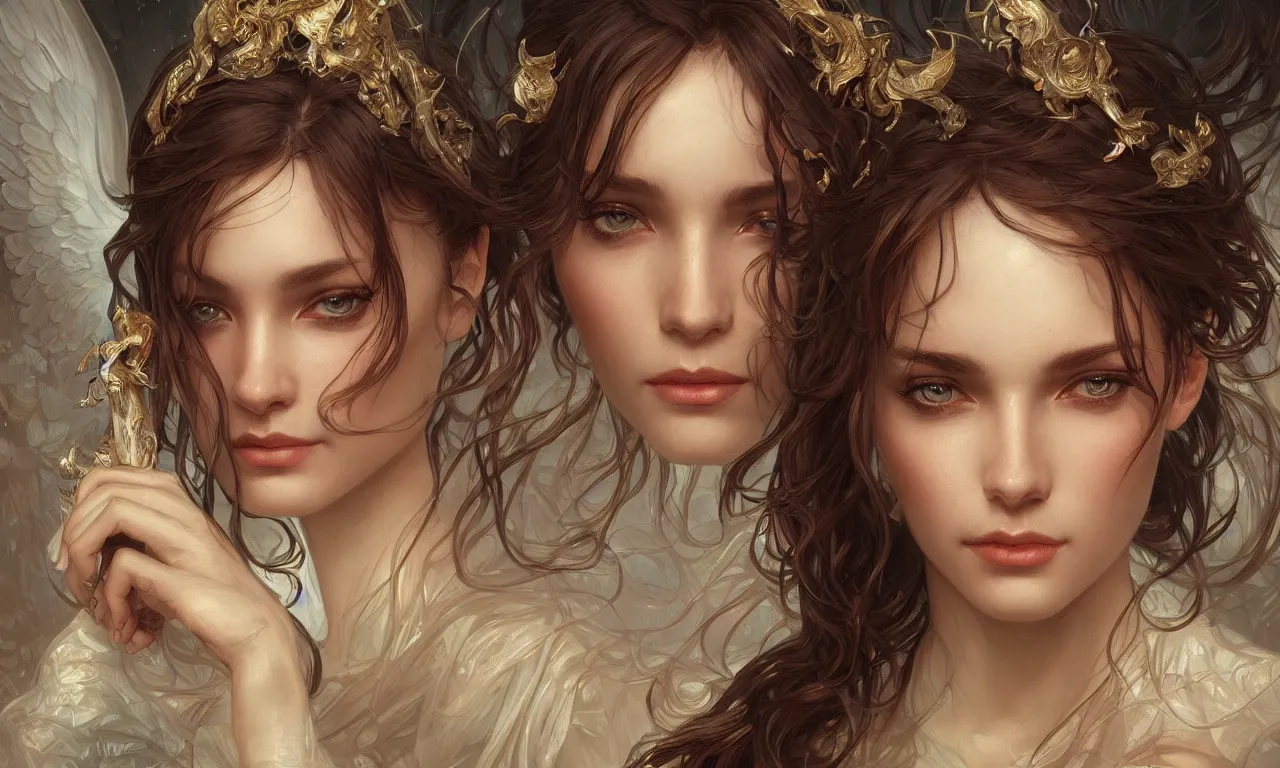 Image similar to close up portrait of beautiful angel, d & d, face, fantasy, intricate, elegant, highly detailed, digital painting, artstation, concept art, smooth, sharp focus, illustration, art by artgerm and greg rutkowski and alphonse mucha