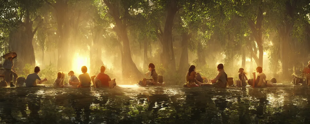 Prompt: A bunch of gamers sitting in a swamp playing on the Computer by John Calmette, digital art, realistic volumetric lighting, golden hour, realistic reflections, highly detailed