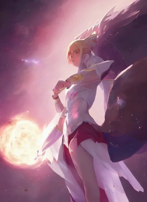 Image similar to a female space mage, star guardian inspired, perfect art, trending on pixiv, painted by greg rutkowski makoto shinkai takashi takeuchi, akihiko yoshida, yuumei, soft light, warm colors, cinematic color grading, realistic, artgerm