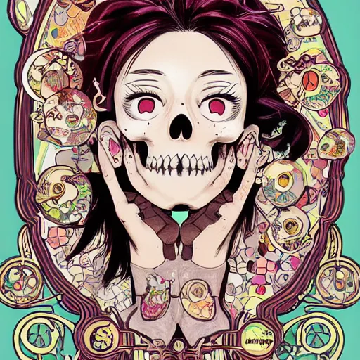 Image similar to anime manga skull portrait girl female bubblegum skeleton illustration hyperrealistic art Geof Darrow and will cotton alphonse mucha pop art nouveau