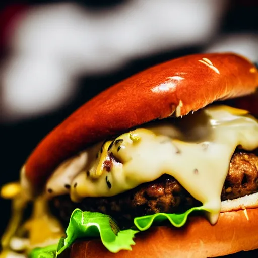 Image similar to close up high resolution photo of cheeseburger, very tasty, food photography, instagram, trending