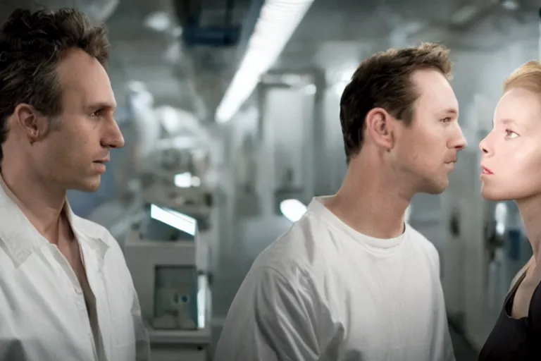 Image similar to movie closeup polar opposites, couple, researchers in a futuristic weapons lab, beautiful skin, Symmetrical faces. Beautiful lighting by Emmanuel Lubezki