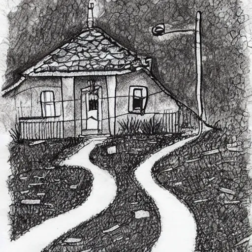 Prompt: blooming gravel path, house on a hill, ink sketch, detailed