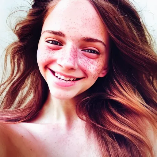 Image similar to beautiful hyperrealism selfie of a cute young woman smiling softly, long light bronze brown hair, cute freckles, flushed face, red blush, small heart - shaped face, soft features, emerald green eyes, golden hour, 8 k, sharp focus, instagram