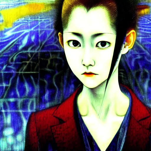 Image similar to yoshitaka amano blurred and dreamy realistic three quarter angle horror portrait of a sinister young woman with short hair and yellow eyes wearing office suit with tie, junji ito abstract patterns in the background, satoshi kon anime, noisy film grain effect, highly detailed, renaissance oil painting, weird portrait angle, blurred lost edges