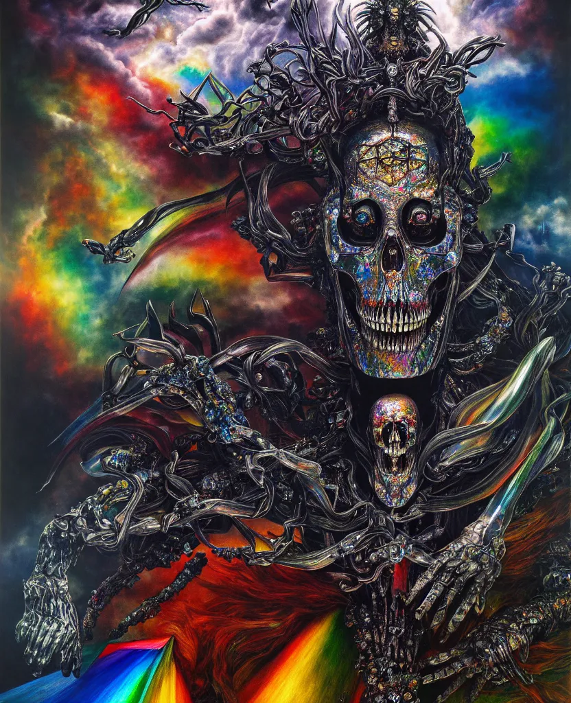 Image similar to realistic detailed image of ultra wrathful rainbow diamond iridescent mega chromed god of death, depth perception, depth of field, action horror by ayami kojima, neo - gothic, gothic, part by adrian ghenie and gerhard richter. art by wojtek siudmak, masterpiece