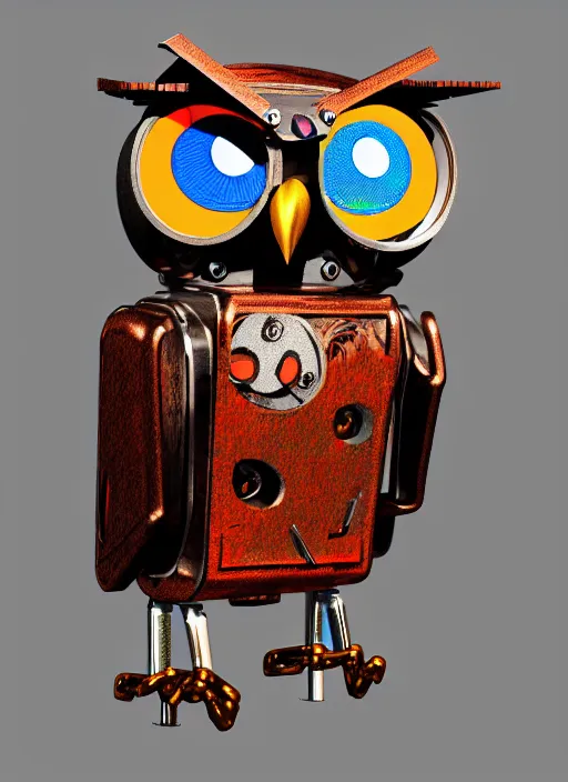 Prompt: colored pencil and pen drawing of an animatronic robot owl, bird made from rusty old keys and padlocks, 8 k photorender realityengine