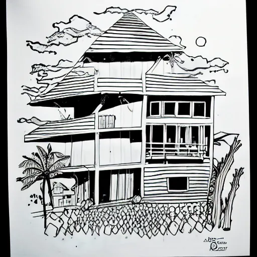 Prompt: imaginative drawing of a beach house, black ink outline, cel - shading, water color