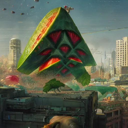 Prompt: Concept Digital Art Highly detailed giant Watermelon warlord destroying city by Stephen Hickman and Beeple. Very highly detailed 8K,Pentax 67, Kodak Portra 400 in style of Hiromasa Ogura Ghost in the Shell, the golden ratio, rational painting