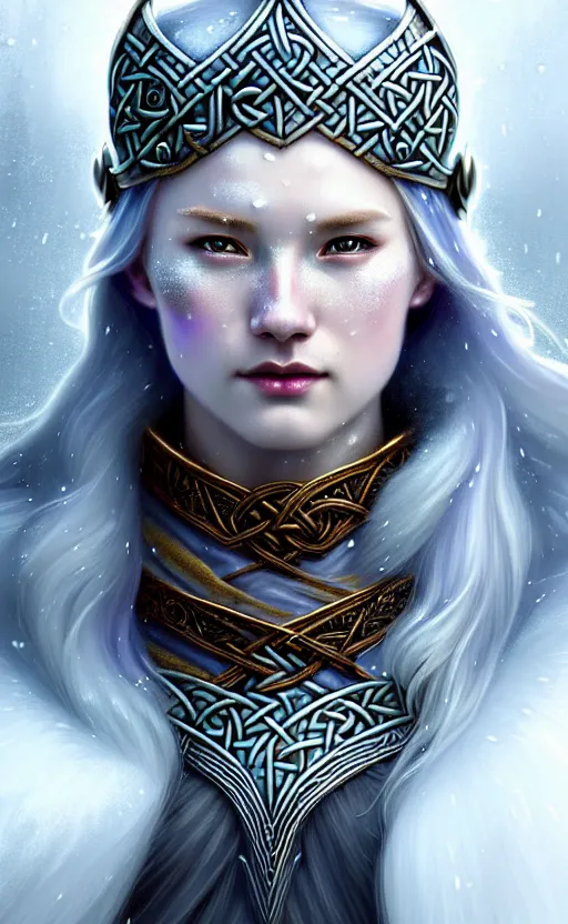 Image similar to iridescent viking warrior, regal, elegant, winter, snow, beautiful, stunning, hd, illustration, epic, d & d, fantasy, intricate, elegant, highly detailed, wide angle, digital painting, artstation, concept art, smooth, sharp focus, illustration, wallpaper, art by artgerm and greg rutkowski and alphonse mucha and jin xiaodi