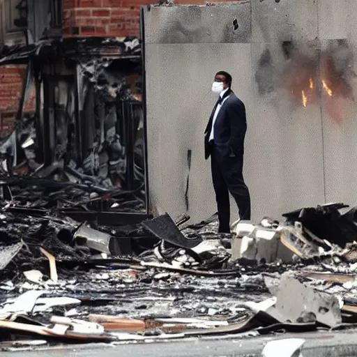 Image similar to man wearing a suit and a goose mask looking at an explosion in new york, ruined buildings, rubble, fire from hands