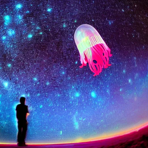 Prompt: over the shoulder photo of a man watching a magic glowing jellyfish in glowing cosmic stardust, colorful stars, galaxies, space, award winning photo, intricate, high detail, atmospheric, desolate