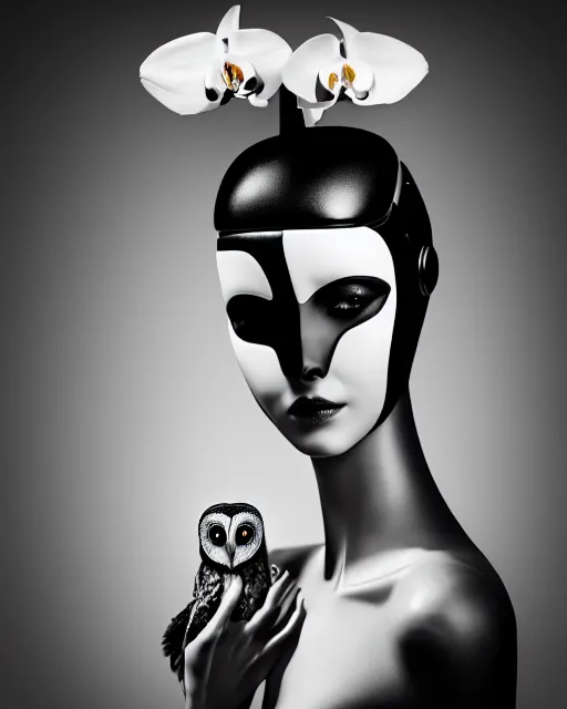 Image similar to surreal mythical dreamy dark artistic black and white fine art 3 / 4 fashion portrait photo of a young beautiful delicate female robot with orchid - owl face, rim light, cinematic, studio dramatic light, poetic, masterpiece, octane render, 8 k, photo - realistic by hg giger and man ray