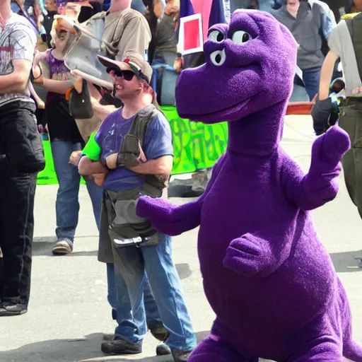 Image similar to Barney the Dinosaur spotted at a Nazi rally