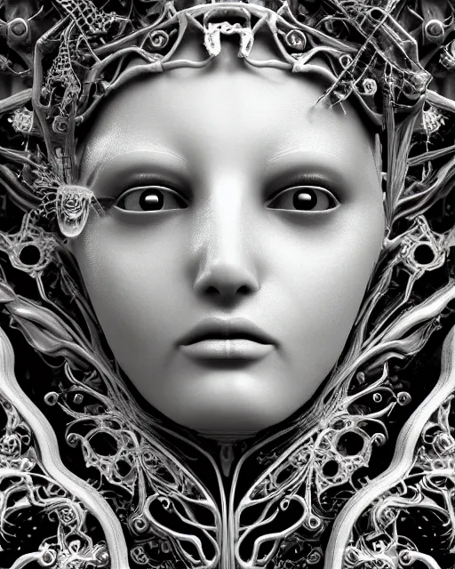 Image similar to mythical dreamy black and white organic bio-mechanical spinal ribbed profile face portrait detail of translucent steampunk beautiful female angelic-human-queen-vegetal-cyborg, highly detailed, intricate trnaslucent ivy jelly ornate, poetic, translucent roses ornate, 3D render, digital art, octane render, 8K artistic photography, photo-realistic, by Dora Maar