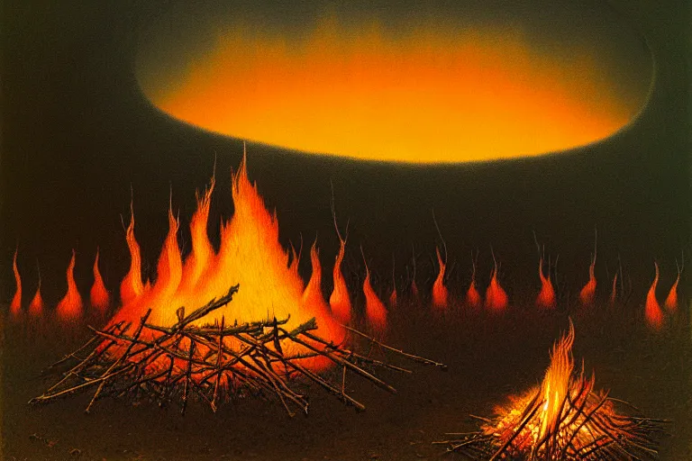 Image similar to zdzisław beksinski painting of a campsite with bonfire