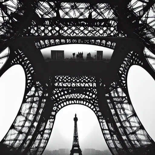 Prompt: a huge figure dehind the Eiffel tower, taken fron the ground, foggy weather, scary, dark, High resolution, creepy