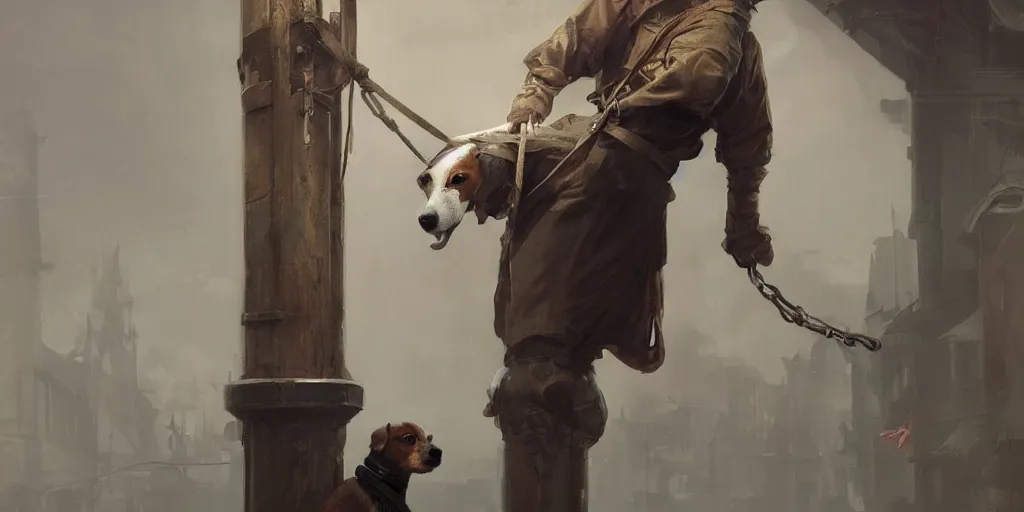 Image similar to a jack russell terrier tied a man to a pole, highly detailed, digital painting, artstation, concept art, smooth, sharp focus, illustration, cinematic lighting, art by artgerm and greg rutkowski and alphonse mucha