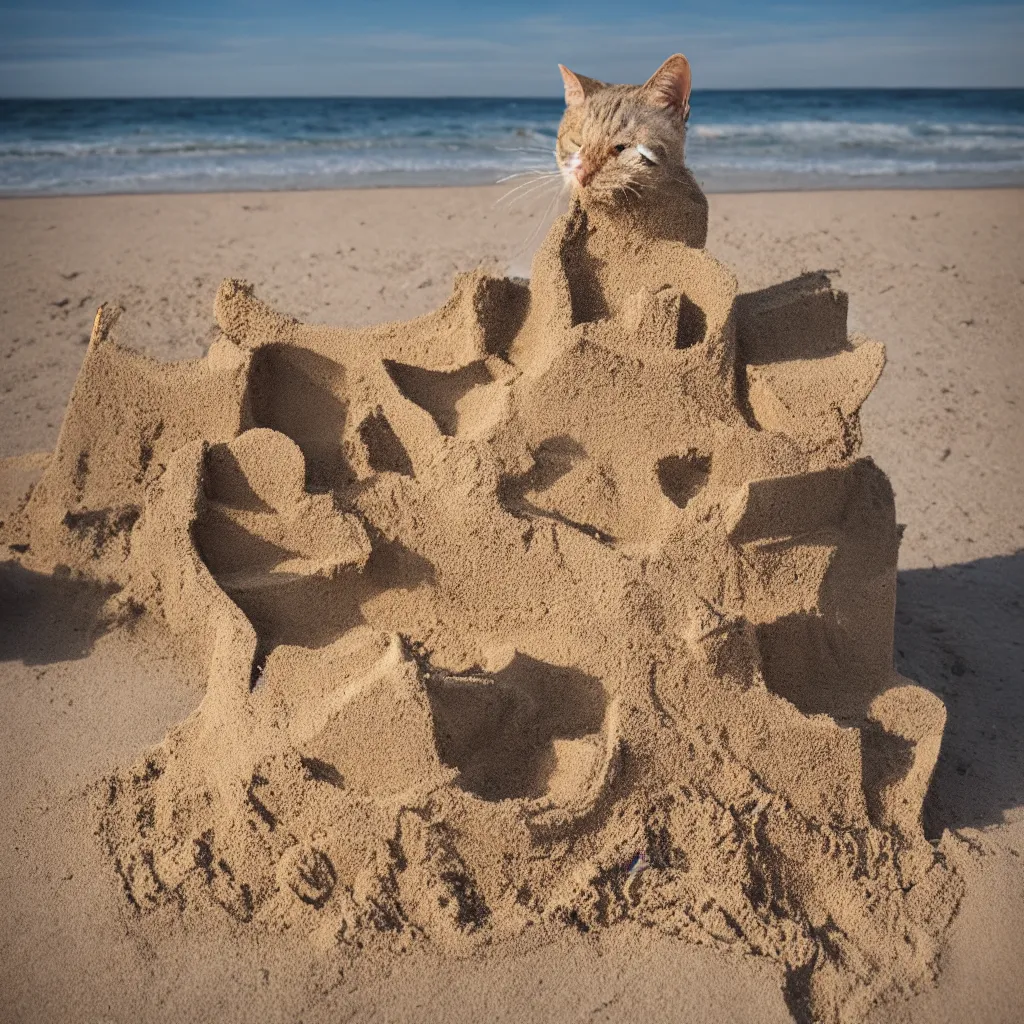 Image similar to Photo of a cat building a sandcastle on a beach, photorealistic, 8K photo, golden hour, award winning