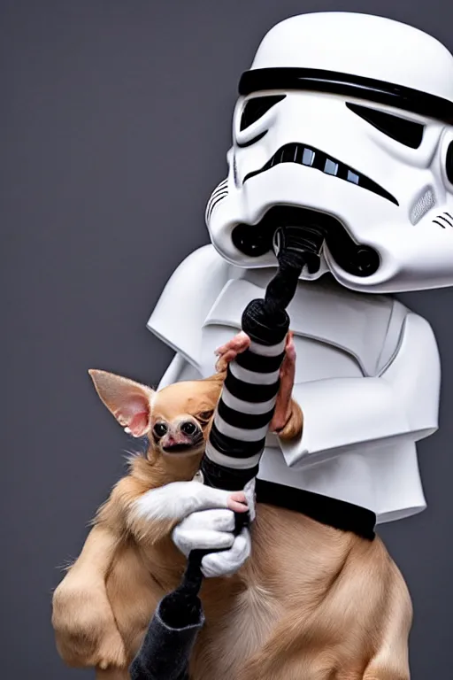 Image similar to a Chihuahua holding a lightsaber,dressing like Stormtrooper,futuristic style.unnreal engine