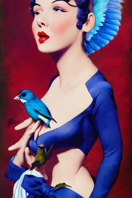 Prompt: pinup girl holding an indigo bunting, bird, the bird is wearing a bowtie by greg rutkowski, rossdraws, gil elvgren, enoch bolles, anime, porcelain skin, glistening, very coherent, ruffled plumage, hyper realistic painting, fashion lighting