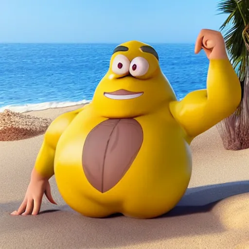 Image similar to a muscular lemon cartoon character, is relaxing on a beach,, inspired by dalle - 2 ai generations