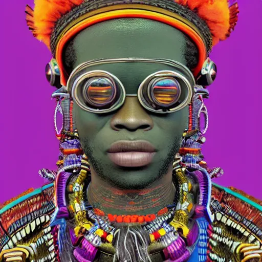 Prompt: colourful vfx upper half - portrait - art of a nigerian tribal chief wearing steam punk goggles, art by utagawa kunisada & james jean, symmetrical, intricate detail, concept art, volumetric light, ray tracing, caricature, digital illustration, octane 3 d render, unreal engine, sharp, 8 k post process, pinterest, behance, art station,