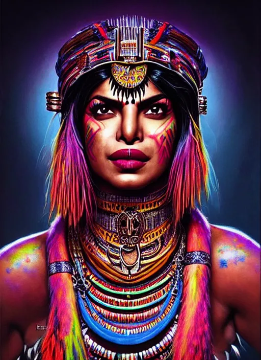 Image similar to portrait of priyanka chopra, hyper detailed ultra sharp aztec shaman warrior. trending on artstation, warpaint aesthetic, bloodwave, colorful, psychedelic, ornate, intricate, digital painting, concept art, smooth, sharp focus, illustration, art by artgerm and greg rutkowski and h. r. giger, 8 k