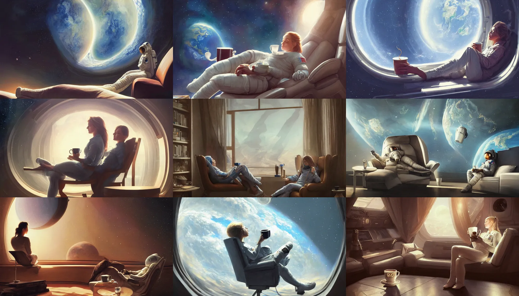 Image similar to beautiful painting of astronaut sitting in sofa with cup of coffee looking at far earth, wide shot, digital painting, intricate details, trending on artstation, concept art, octane render, realistic, highly detailed, smooth, sharp focus, beautiful, 4 k, 8 k, hd, art by charlie bowater and artgerm and greg rutkowski