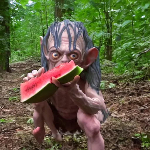 Prompt: trail cam footage of gollum eating watermelon,