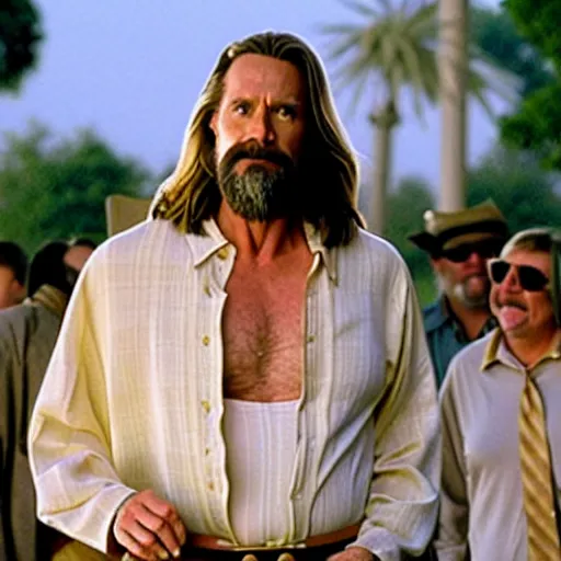 Prompt: jim carrey as the dude as the big lebowski, movie still