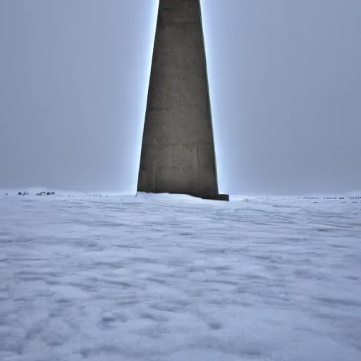 Image similar to a large obelisk on a ice plain. snowing, overcast sky, grainy.