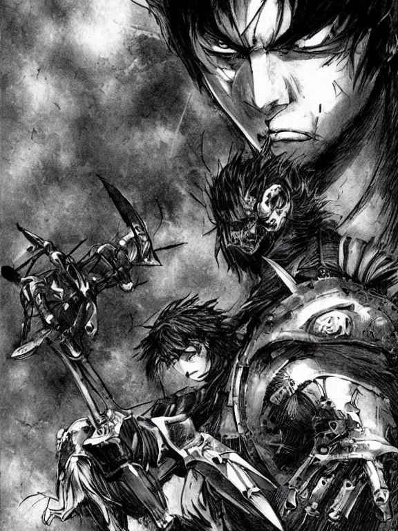 Prompt: picture of a badass swordsman with a robotic prosthetic arm, sorrounded by demons, short spiky hair, angry look, dark fantasy, manga illustration, by kentario miura