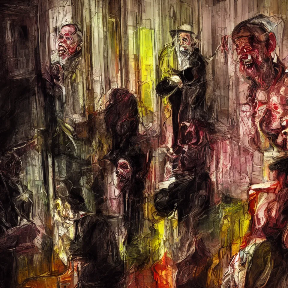 Image similar to bright realistic chabad cult smiling franticly, old apartment, rotten flesh, diffuse lighting, fantasy, intricate, elegant, highly detailed, lifelike, photorealistic, digital painting, artstation, illustration, concept art, smooth, sharp focus, art by francis bacon and jenny saville