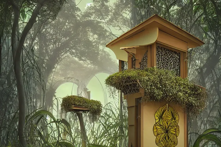 Image similar to simplicity, elegance, foliage overgrowing favela honeybee hive, art nouveau environment, award winning art, epic dreamlike fantasy landscape, ultra realistic,