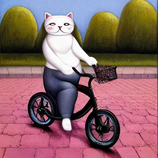 Prompt: cat on a triciycle, lowbrow painting by mark ryden