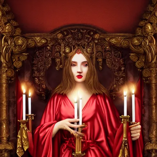 Image similar to the goddess of blood in silk robes of blood, cultists watching, red hoods, candle lights, renaissance, baroque, gothic, high detail, dark lighting, atmospheric, extremely detailed, intricate, smooth, 8 k