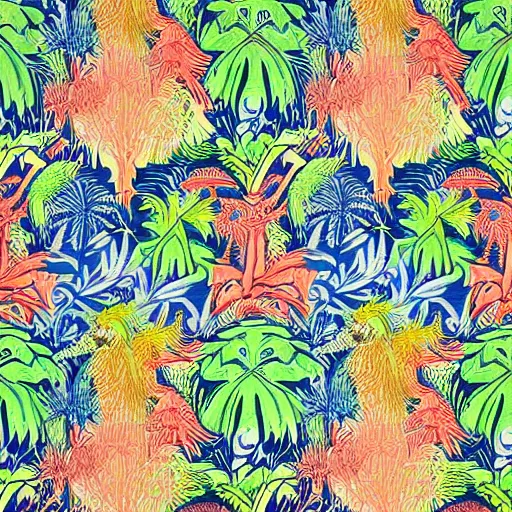 Image similar to a colourful detailed symmetric pattern with dinosaurs and palm trees by William Morris