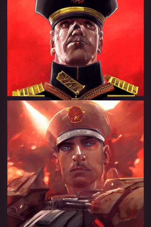 Prompt: Portrait of Male commissar. warhammer 40k setting. Shaded lighting. by Ilya Kuvshinov, Rob Rey, Giuseppe Dangelico Pino. Cinematic. Dark Lighting. Rule of Thirds. Imposing, pointing, heroic, detailed, realistic, 8k, photorealistic, detailed eyes, detailed background