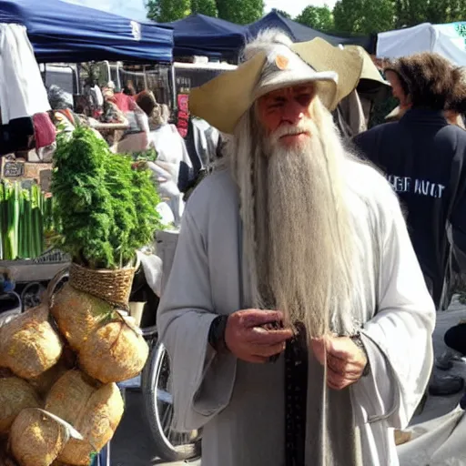Prompt: Gandalf selling hemp at the farmer's market