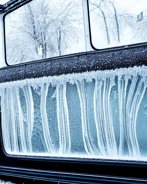 Prompt: tatra t 3 tram czech republic, side view, ice patterns on windows, winter, frost, around the city, evening, snow