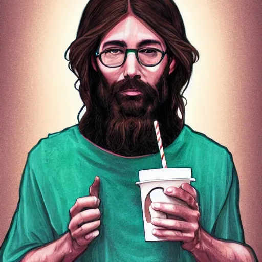 Prompt: hipster jesus christ drinking his starbucks, realistic artstyle, trending on artstation, macro, highly intricate, vibrant, digital painting, portrait, hd, cinematic, dramatic, ultra detailed, illustration, concept art, unreal engine 5, 8 k, 4 k