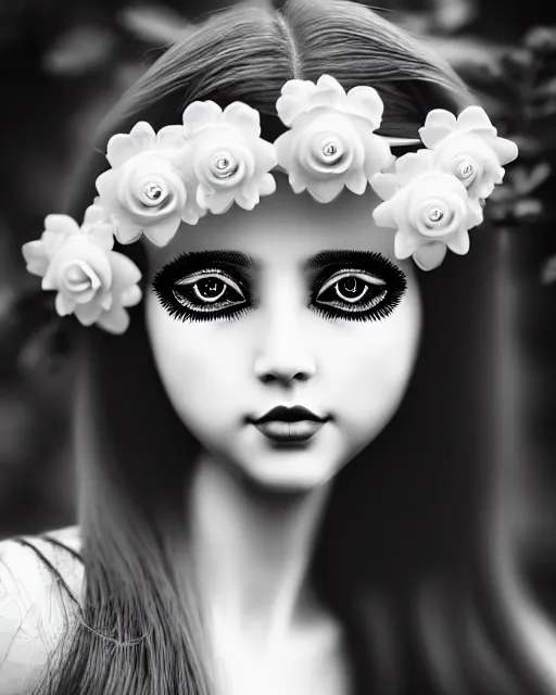Image similar to black and white dreamy young beautiful female artificial intelligence, realistic flowers ornament in the face, long hair are intricate with highly detailed realistic flowers, cinematic, rim light, bokeh, photo - realistic, elegant, high detail, 8 k, masterpiece, photo taken in 1 9 3 0