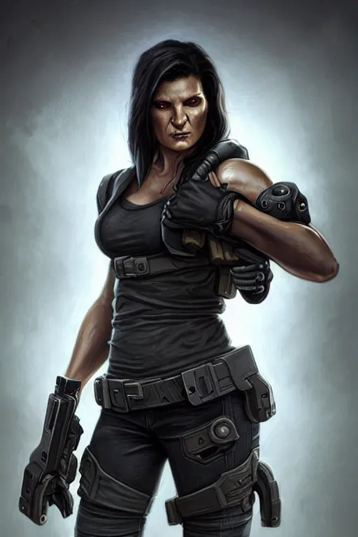Image similar to gina carano as a shadowrun ork with prothesis grey metallic left arm, casual black clothing, muscular, realistic proportions, casual pose, large portrait, sci - fi, rpg character, digital painting, artstation, concept art, smooth, 8 k frostbite 3 engine, ultra detailed, art by artgerm and greg rutkowski and magali villeneuve