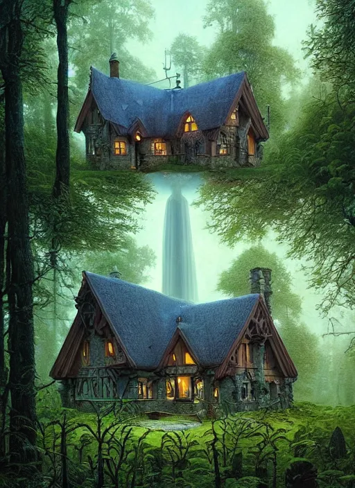 Image similar to hyper realistic homely ornate modern witch cottage far away in the woods gorgeous lighting, blue sky, highly detailed, lush forest by zdzisław beksinski and norman rockwell and greg rutkowskiweta studio, and lucasfilm