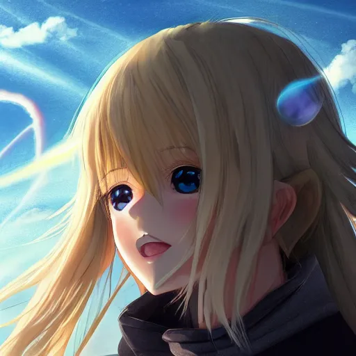 Image similar to blonde - haired princess, anime princess, wearing black jacket and white leggings, greek hillside city, portal in the sky, spinning clouds, portal in sky, strong lighting, strong shadows, vivid hues, ultra - realistic, sharp details, subsurface scattering, intricate details, hd anime, 2 0 1 9 anime